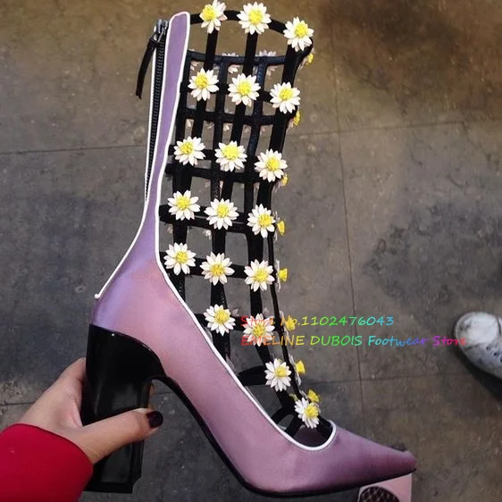 

Purple Pointy Toe Flower Decor Mid Calf Boot Women Summer New Hollow Back Zipper Black Chunky Heel Elegant Cool Booties