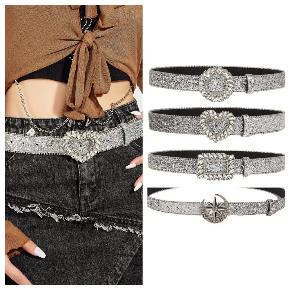 Fashion Metal Buckle Rhinestone Waistband Geometric Korean Style Y2k Rhinestone Belt Gothic Wide Leather Belt Spicy Girl