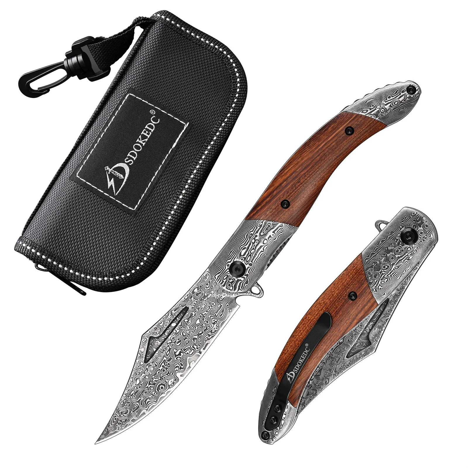 SDOKEDC VG10 Damascus Steel Folding Pocket Knife Desert Ironwood Handle Damascus Pommel 60‑61HRC EDC Outdoor Camping Collectible Knife With Gift Box & Zipper Pouch