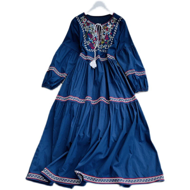 ผู้หญิงวินเทจ Boho ชุดชาติพันธุ์เย็บปักถักร้อย O-คอ Fringe LACE-up พัฟแขนขนาดกลางถึงยาวแฟชั่นหญิงชุด