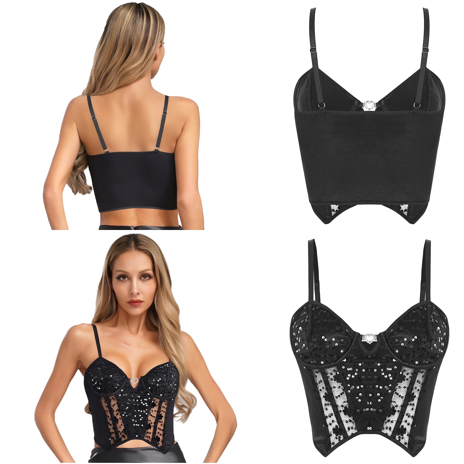 

Women Shiny Sequined Boned Corset Crop Camisole Adjustable Straps Underwire Push Up Bra Bustiers Sheer Mesh Spliced Tops