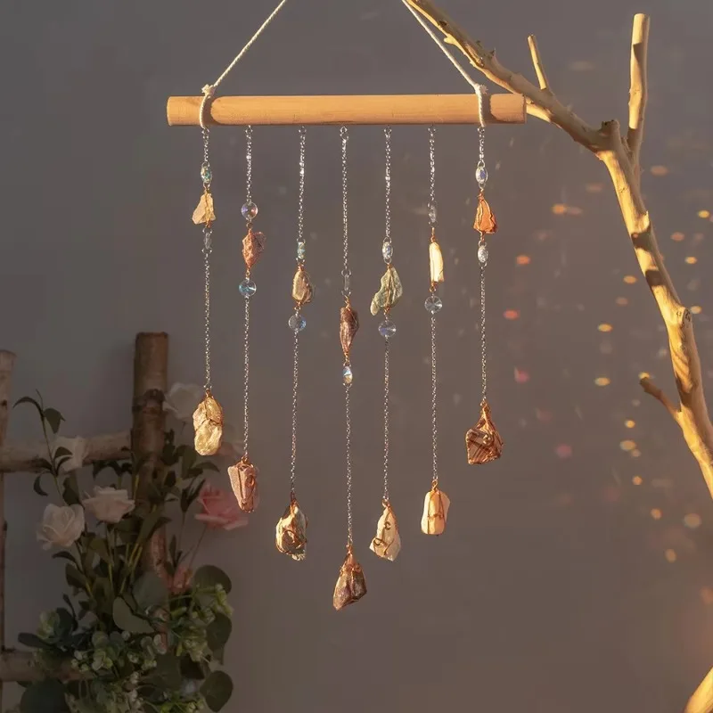Room Aerial Wooden Stick Hanging Decoration Ornament Natural Raw Stone Wind Chime Dream Catcher