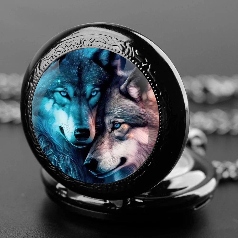 Reloj de bolsillo con diseño de doble lobo para hombre y mujer, pulsera de cuarzo con cúpula de cristal, cadena duradera, esfera de números árabes, regalos creativos