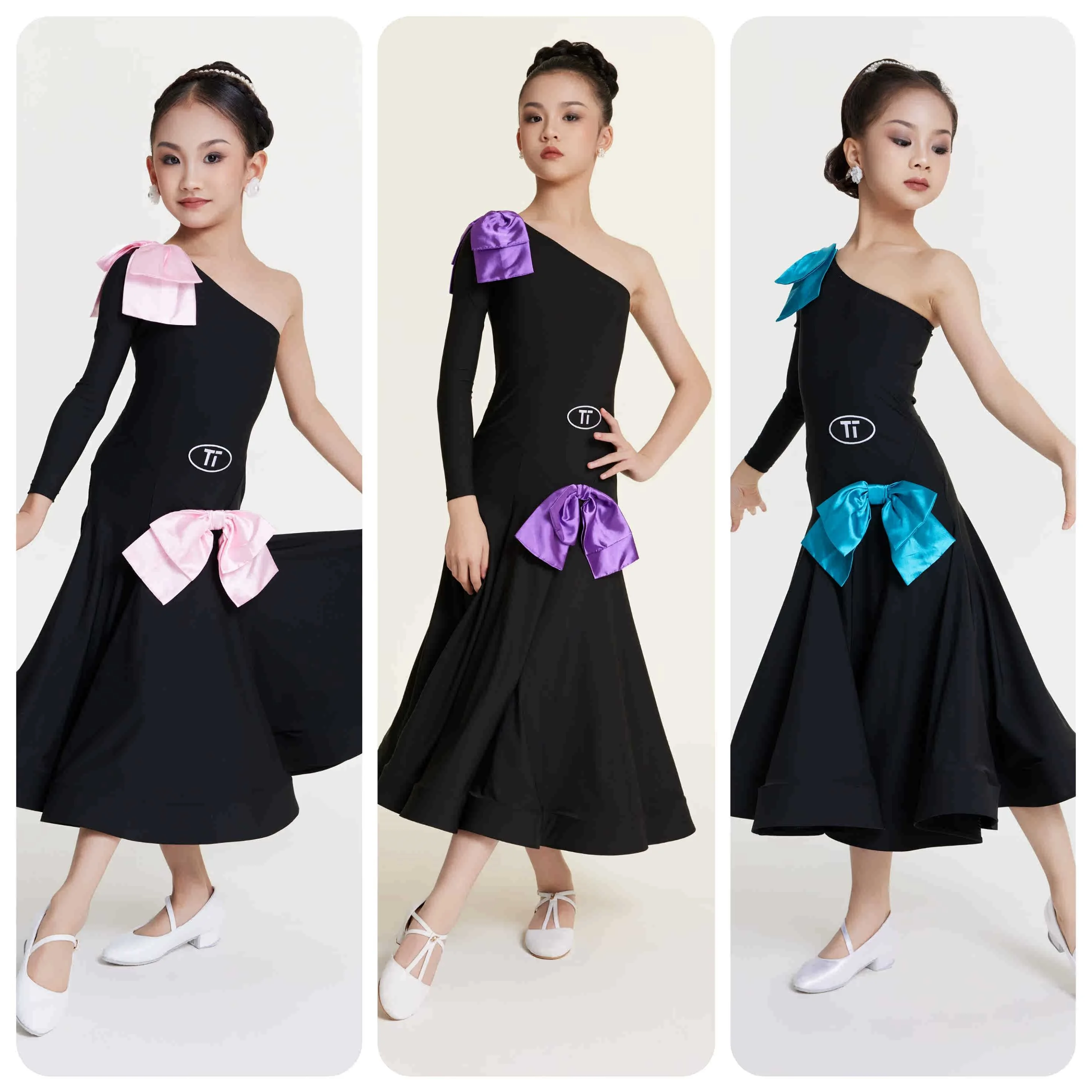 

2025 New Girls Ballroom Dance Performance Clothes One-Sleeved Black Dress Latin Waltz Dance Clothing Competition Dress DNV23398