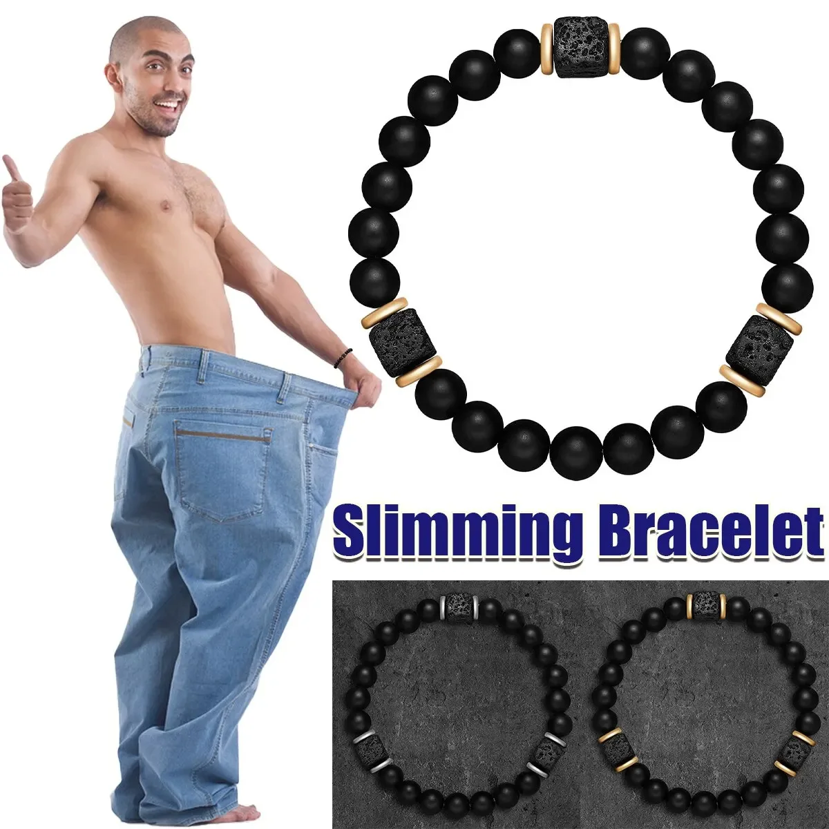 Obsidian Slimming Beads Bracelet For Men Nature Volcano Stone Handmade Stretch Bracelet Fashion Jewelry Gift