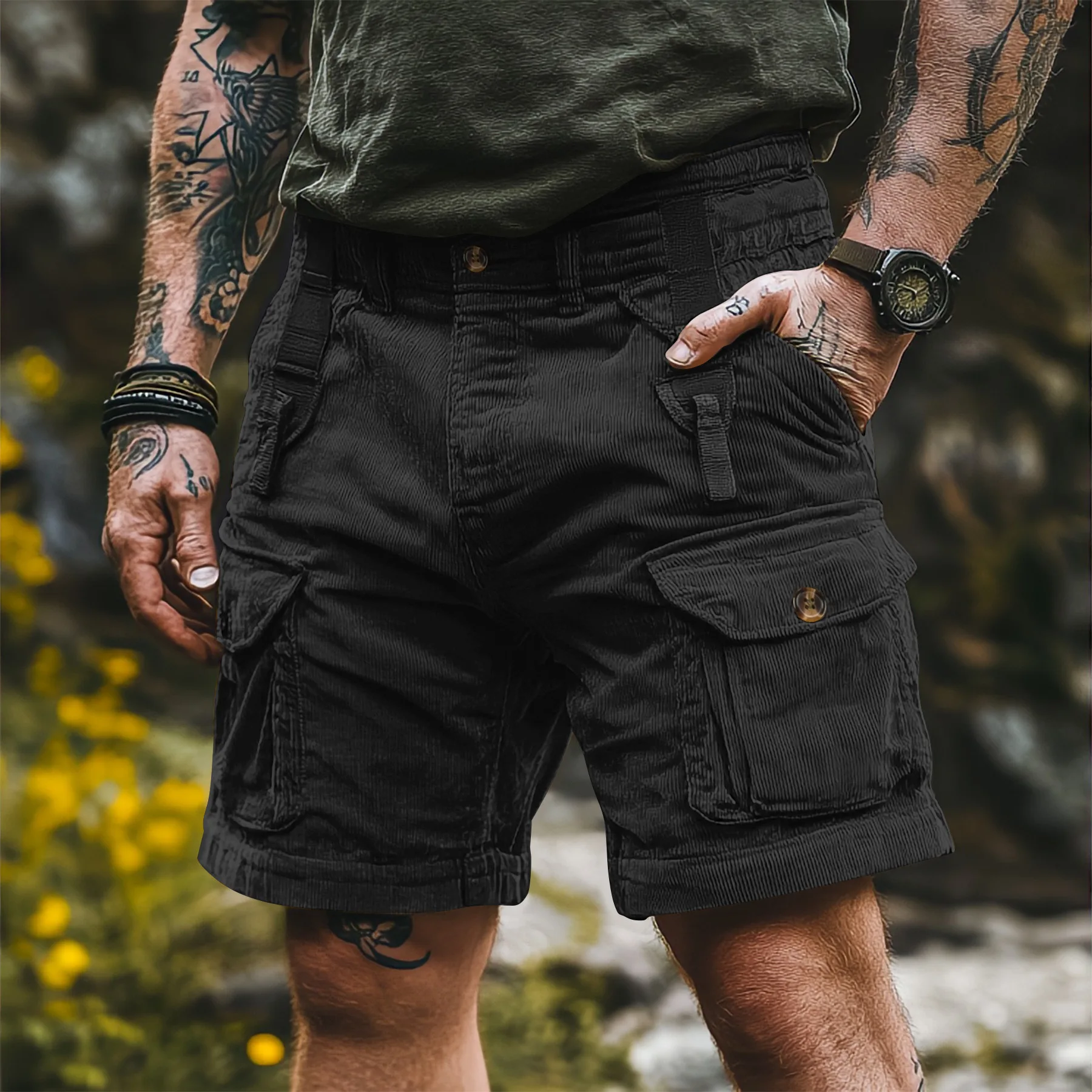 

European Size Summer Work Shorts for Men Casual Pants with Multiple Pockets Loose Fit Vintage Style Versatile Mid-length Shorts