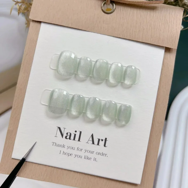

10Pcs Short Handmade Light Green Press On Nails Eyes Ballerina Decoration Wearable False Nails Full Cover Nail Tips Art