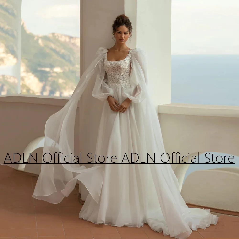 

Organza Wedding Dress A-line Bridal Gown Puff Sleeves Square Neck Beading Applique Sweep Train Backless Robe De Mariage