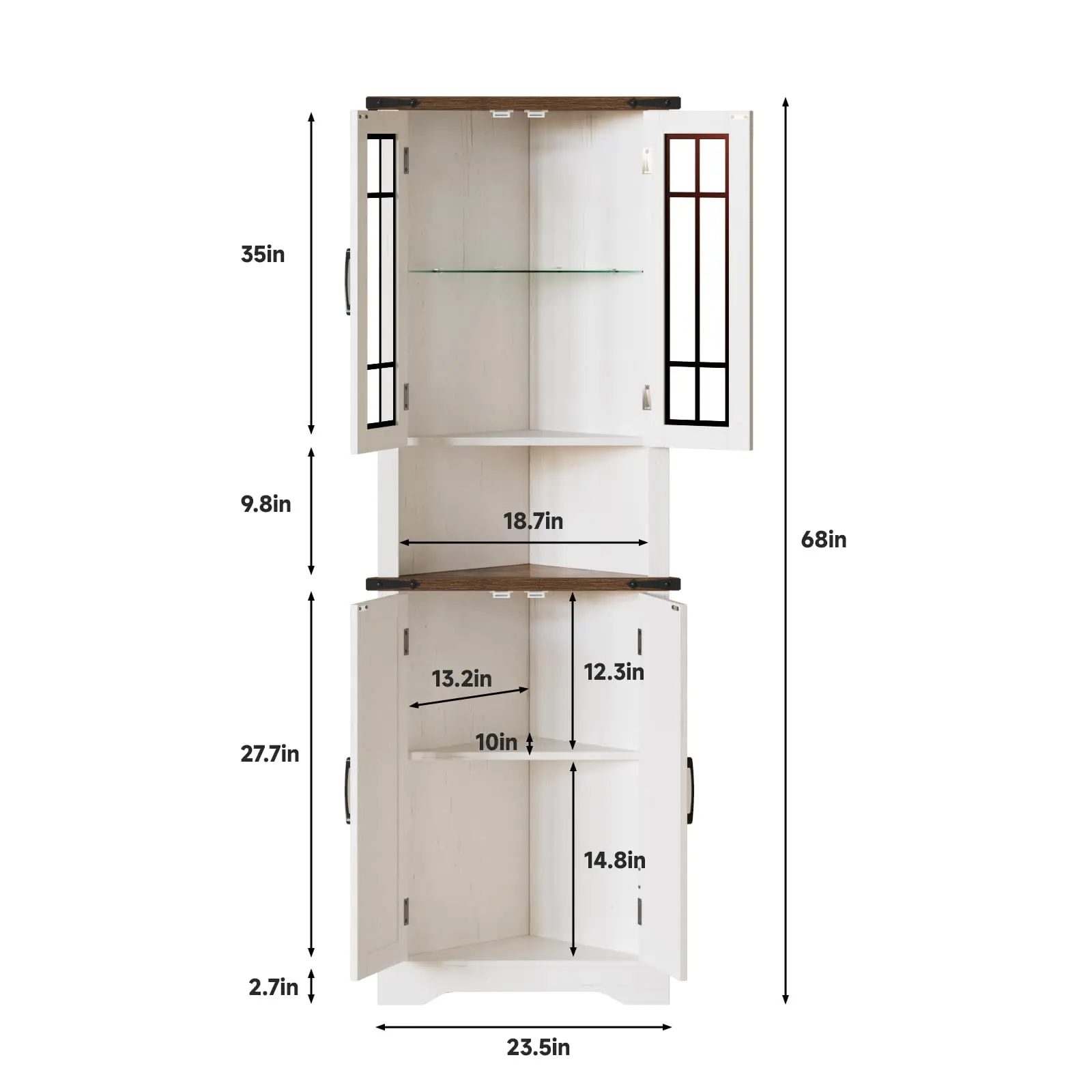 Vabches 68'' Tall Corner Cabinet with LED Lights&Glass Door Wooden Storage Cabinet 5-tier Corner Display Cabinet for Living Room