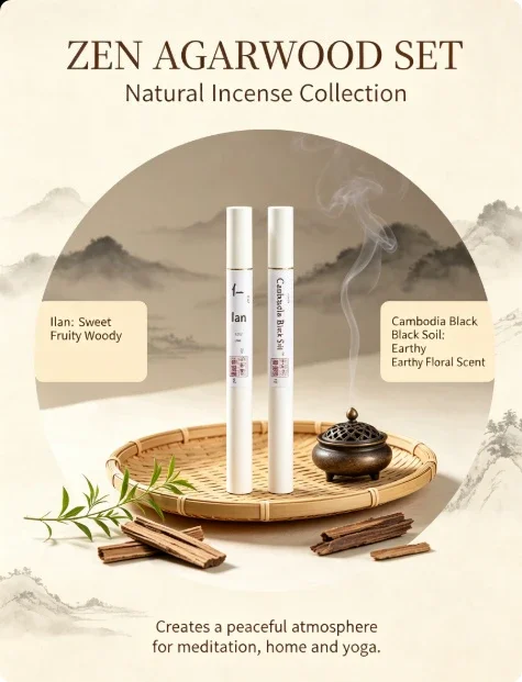 Natural Handmade Agarwood Incense Sticks Set with Ilan & Cambodia Black Soil for Meditation Home Aromatherapy Stress Relief