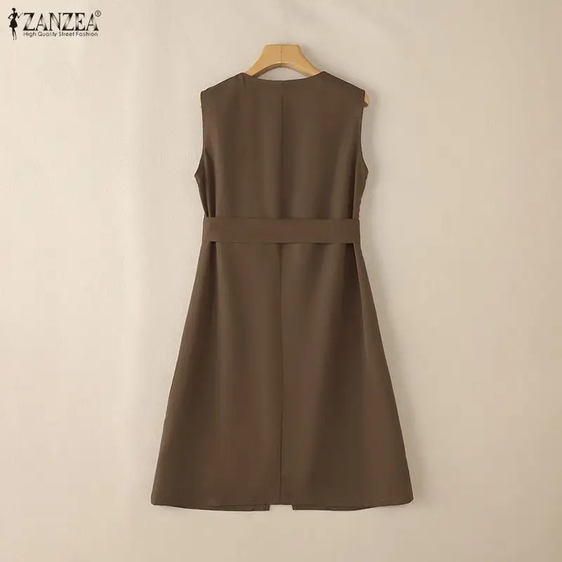 Robe d'été élégante pour femme avec ceinture, col en V, coutures princesse, couleur unie, sans manches, longueur midi, style débardeur, vêtements pour femme, tailles S-3XL