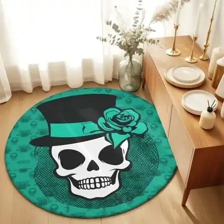Round Area Rug Gothic Skull Top Hat Rose Design Print for Living Room Home Decor