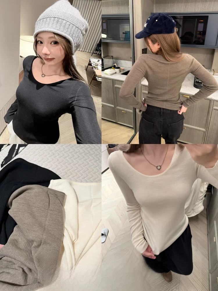 

Женская шерстяная базовая футболка с эффектом похудения, круглым вырезом и длинным рукавом, повседневная, удобная, от Yangzi Silk