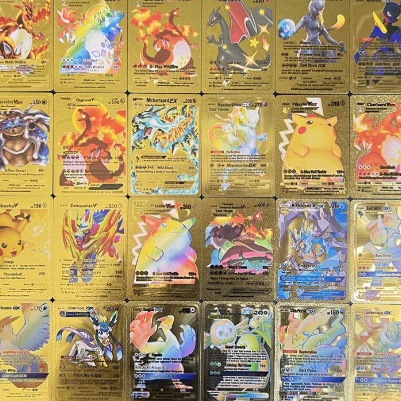 Carte de renforcement Flash Pokémon, feuille d'or, carte noire, arc-en-ciel doré, personnages d'anime, Pikachu, Mewtwo, Eevee, Gengar, ensemble de 55 pièces