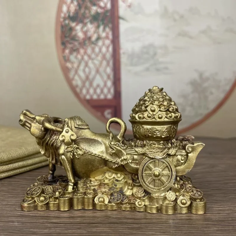 Bronze Ox Cart Ornament, Ox Pulling Basin, Ox Bringing Wealth, Home Office Golden Ox Delivering Treasure