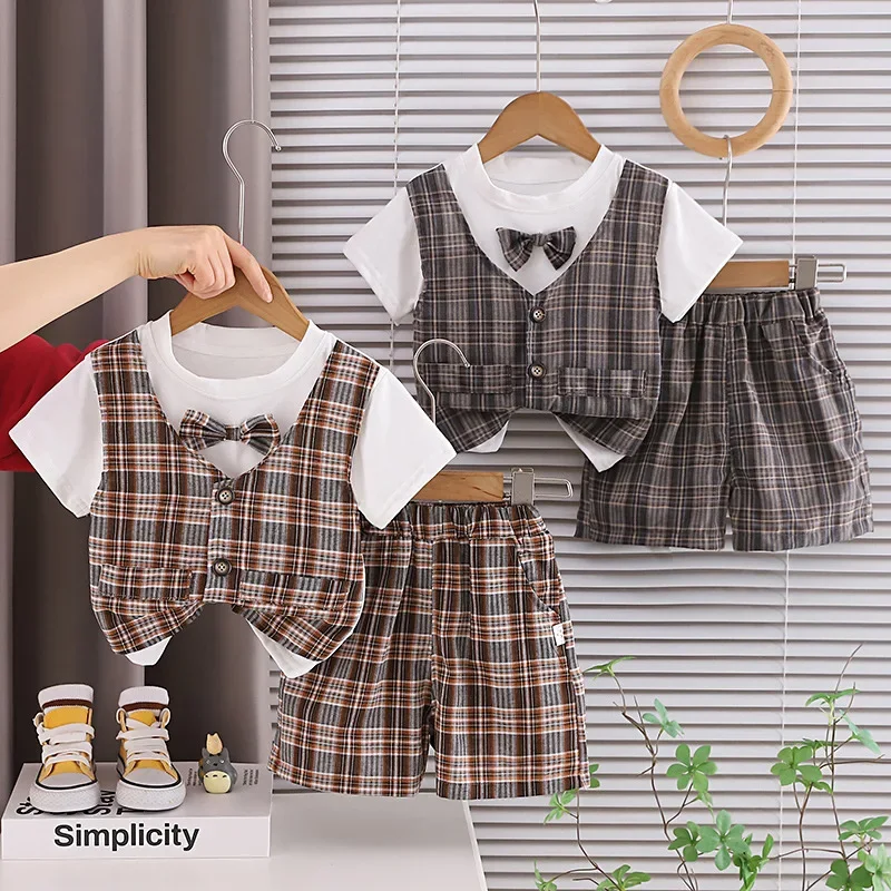 Baby Boy 2PCS Formal Outfit Plaid Vest Style Short Sleeve Shirt with Bow Tie & Plaid Shorts Set for Kids Birthday Wedding Party
