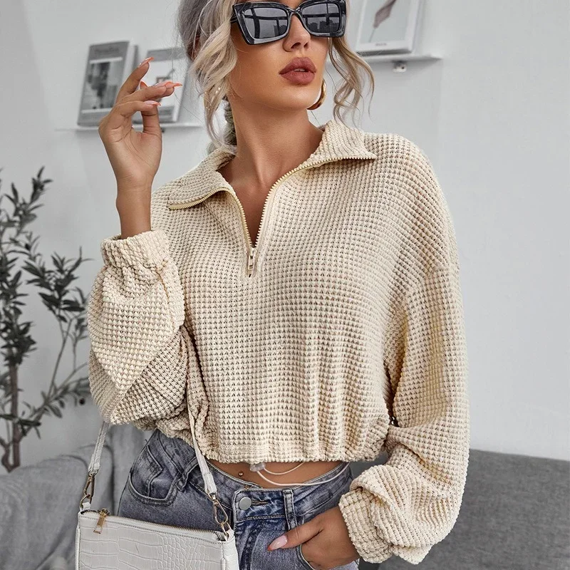 

Apricot Lapel Zippers Drawstring Pullovers Autumn Winter Women Comfort Casual Slim Sweater Office Lady Warm Commute Short Tops