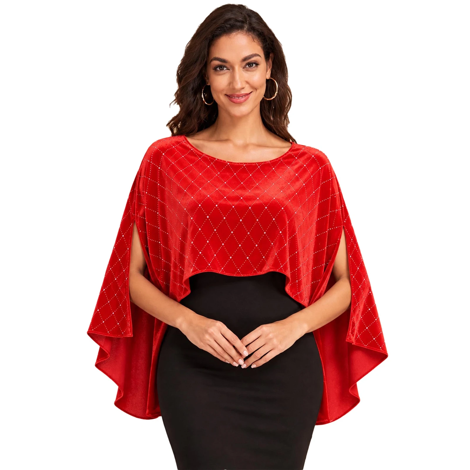 Women Christmas Velvet Shawls Capes Metallic Rhombus Side Split Asymmetrical Hem Wraps Pullover Top for Wedding Evening Party