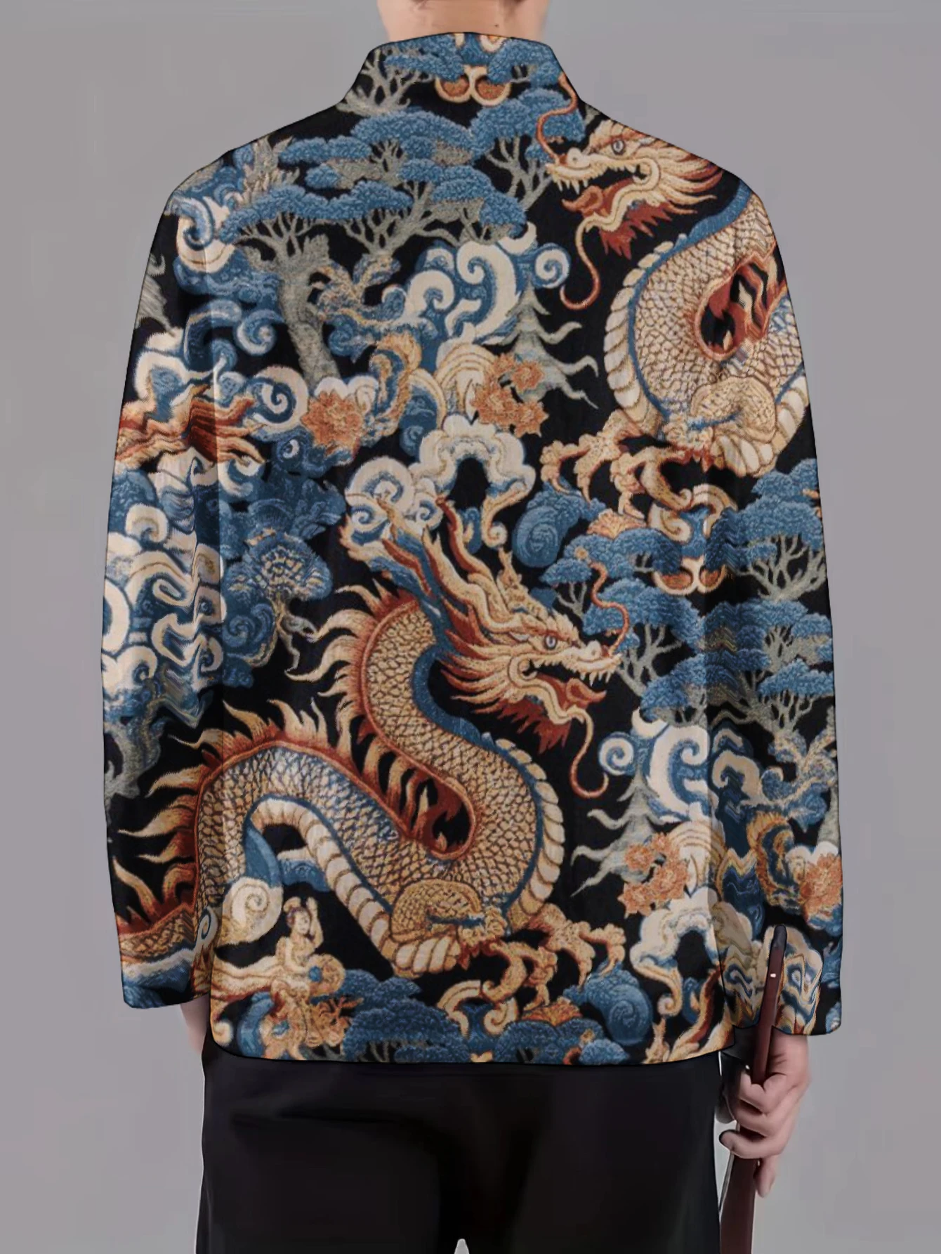 Mens Traditional Tang Suit Coat Mandarin Collar Frog Fastener Vintage Dragon Pine Tree Print Long Sleeve Fashion Outer Jacket