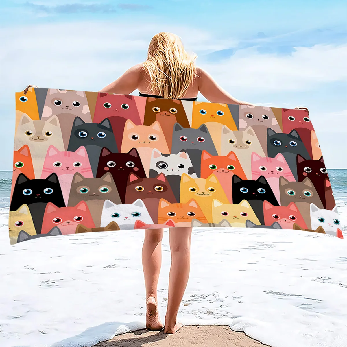 1PC Cartoon Printing Colorful Cat Pattern Microfiber Beach Towel, Quick Dry, Sand Free Microfiber,Perfect for Pool, Bath