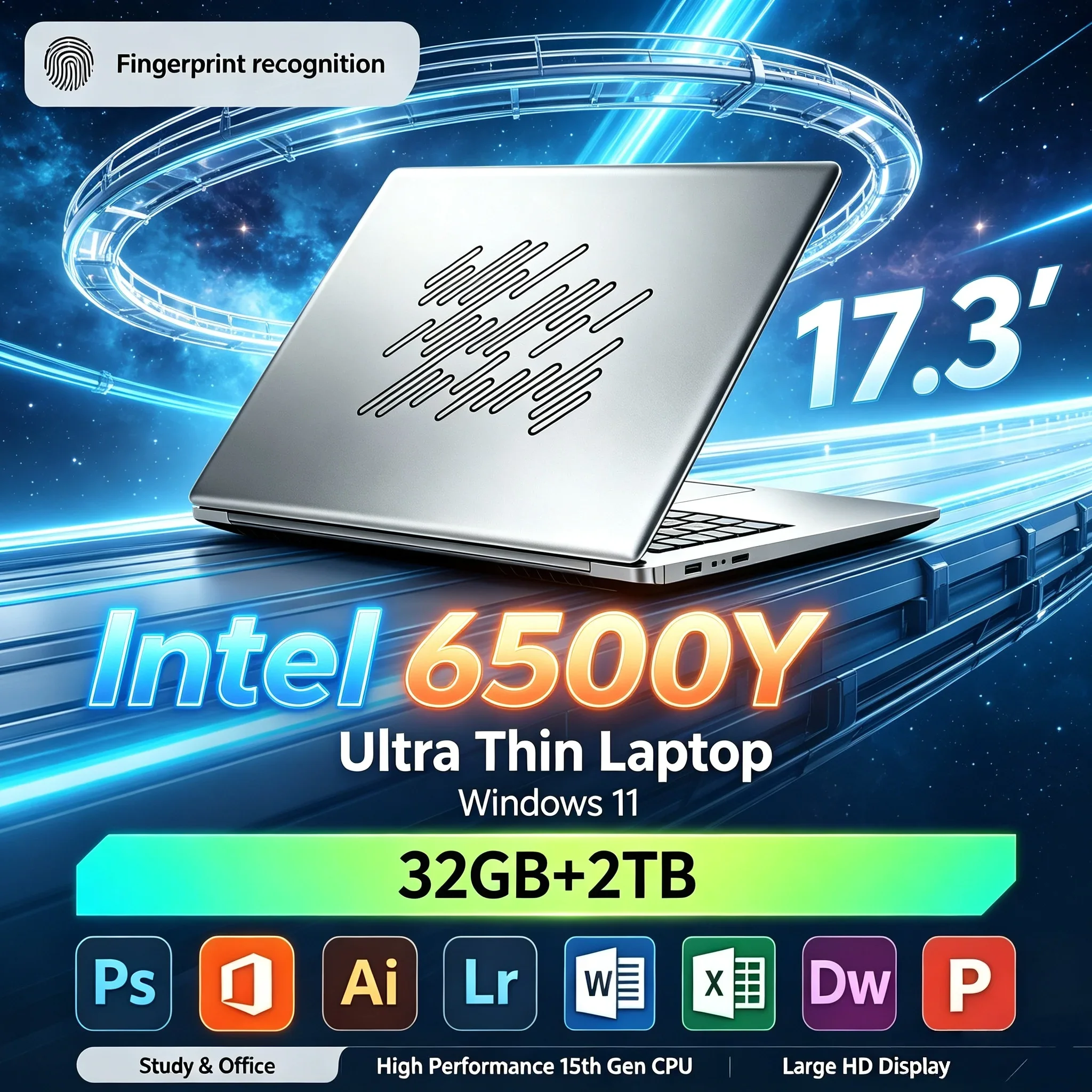 New 17.3'' Big Screen Portable Laptop Intel Core 6500Y 32GB RAM 2TB SSD Windows 11 WiFi6 BT5.2 Notebook PC For Office Study Work