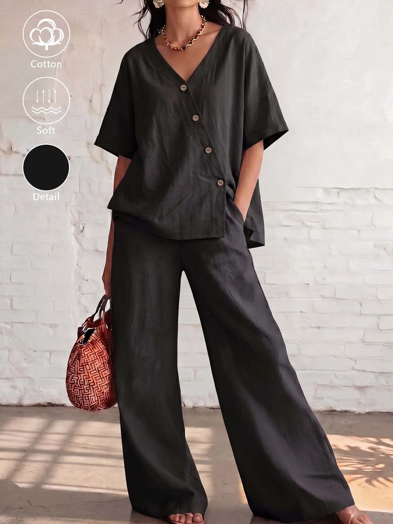 Asymmetrisches Oberteil aus 100 % Baumwolle für Damen mit Holzknöpfen und weit geschnittene Hose mit elastischem Bund und fließendem Schnitt – Lässiges Pendler-Set – Detail 19