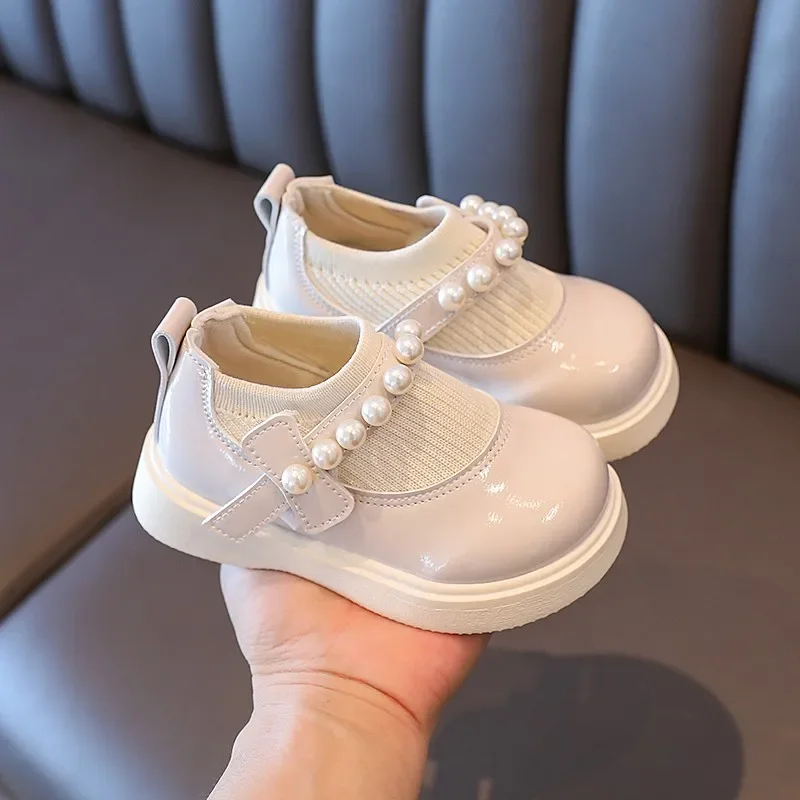 Children\'s Baby Leather Shoes 2024 New Beige Pearl Girls Baby Single Shoes Fall Black Soft Non-slip Girls Baby Princess Shoes