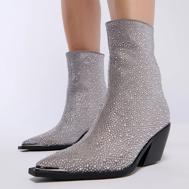 

Western Style Bling Shoes Women Cowboy Short Boots Square Wedge Heels Pointy Toe Silver Rhinestone Ankle Booty