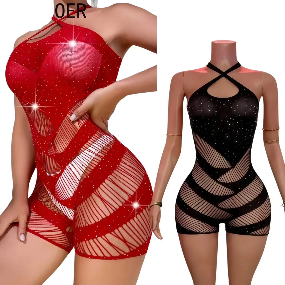 FAGADOER Spring New Sexy Mesh Hollow-out Bodycon Rompers Women Rhinestone Patchwork Halter Backless Jumpsuits Female Streetwear