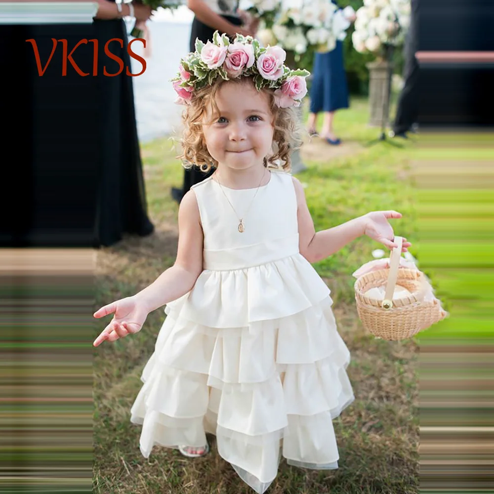 Lovely Round Neck Sleeveless Flower Girls Dresses For Wedding Party A-line Ankle Length Tiered Girls Birthday Gowns with Belt