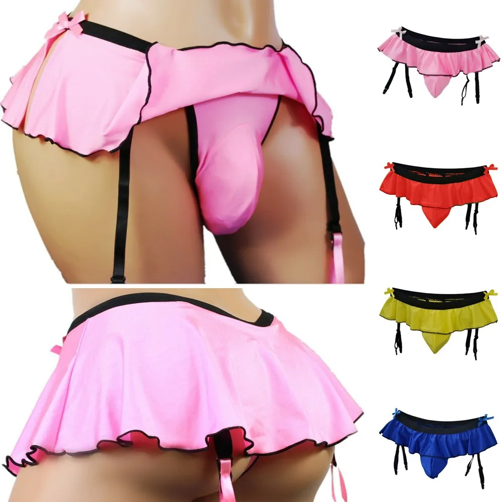 Men Sexy Briefs Fashion Ruffled Decor Thong Skirt Suspender Sock Clip Underwear Bulge Pouch G-Strings Gay Male Bikini Crossdress