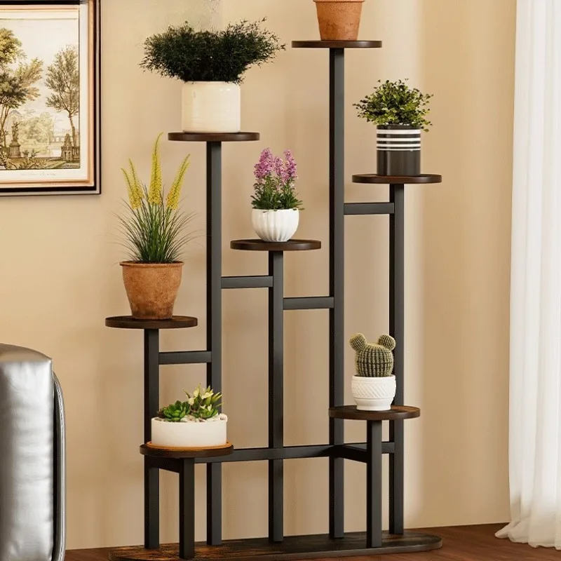New retro wind steel wood plant rack, courtyard multi-layer flower rack, balcony flower pot rack, wrought iron flower rack
