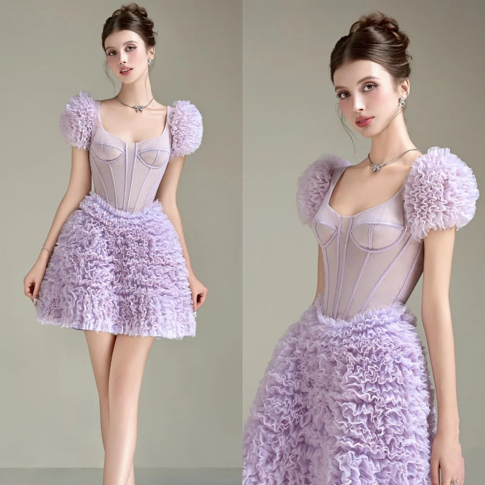 Customized Fashion Tulle Pleat A-line Scalloped Short Dresses Quinceanera Dresses Exquisite Pastrol Modern Style Classic