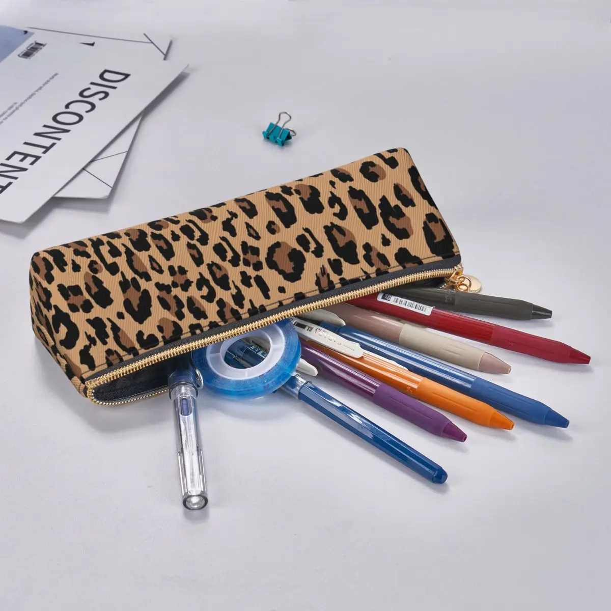 Astuccio a triangolo leopardato retrò Jungle Animal Print Girls Boys College Zipper Pencil Box Kawaii Leather Pen Bag