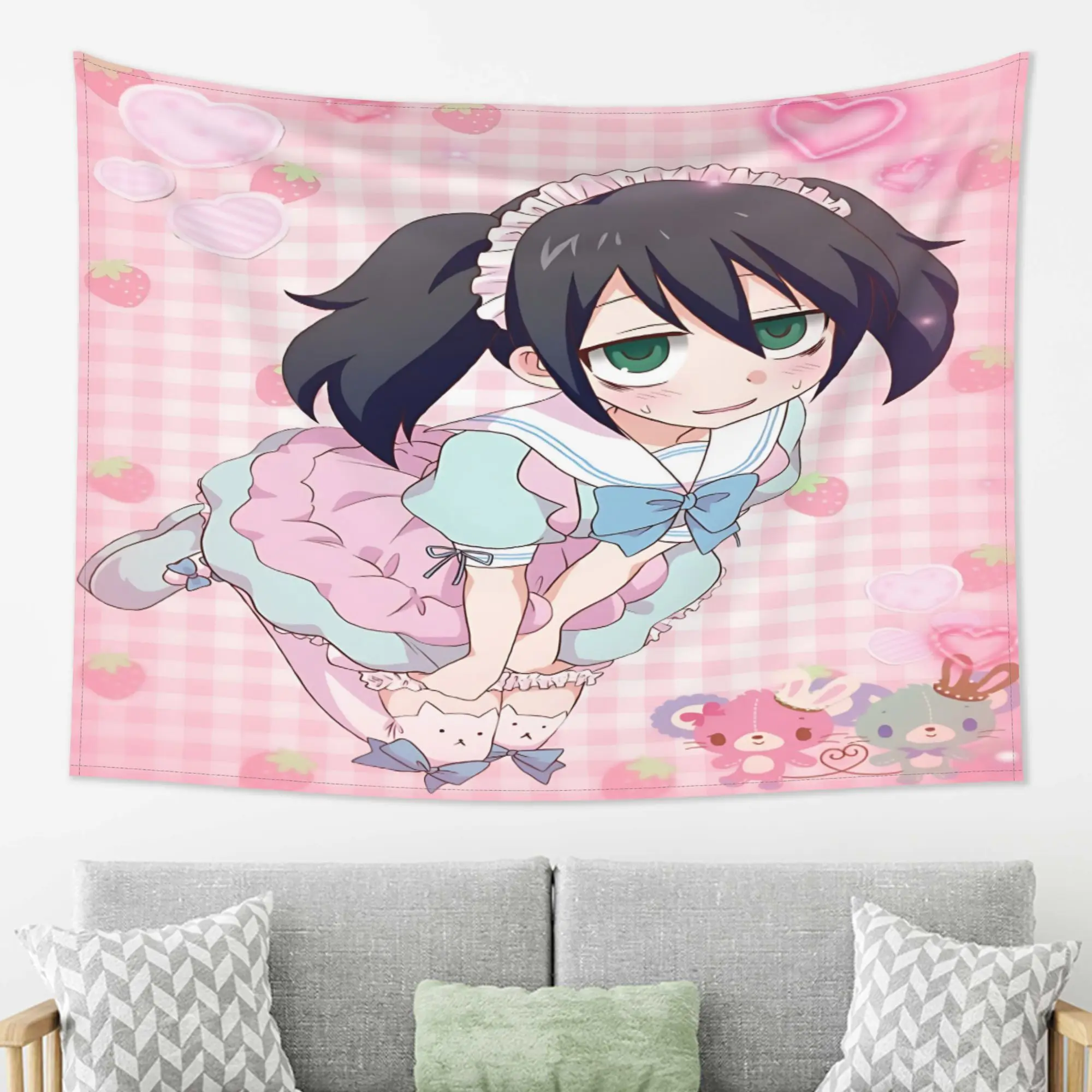 W-Watamote Tomoko Kuroki Maid Tapestry Pink Anime Wandbehang Ästhetische Raumdekoration Coole Raumdekoration Hintergrundstoff für Schlafzimmer