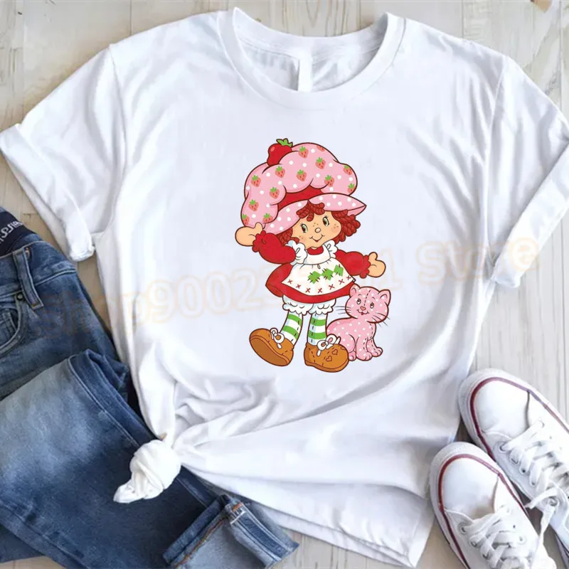 T-shirt carina con torta di fragole per donna T-shirt stampate con cartoni animati retrò T-shirt larghe a maniche corte T-shirt casual girocollo