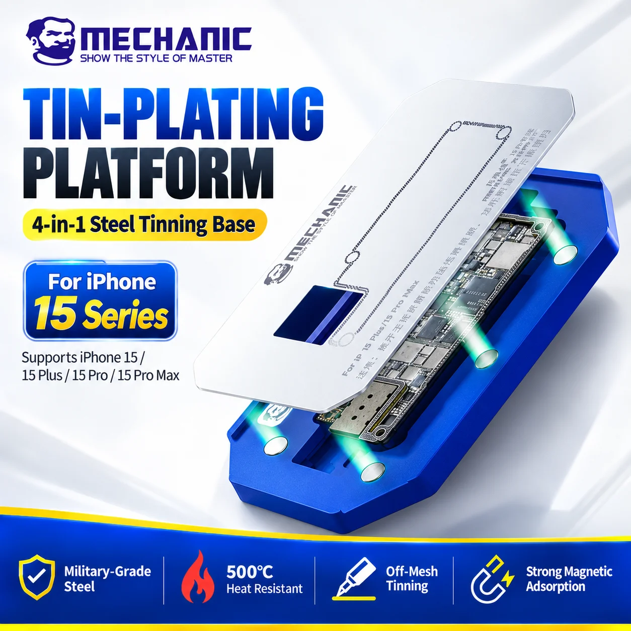 MECHANIC iBGA 15 15 Pro BGA Reballing Platform Tin Mesh Stencil Fixture for iPhone 15 Pro Max Motherboard CPU IC Tinning Repair