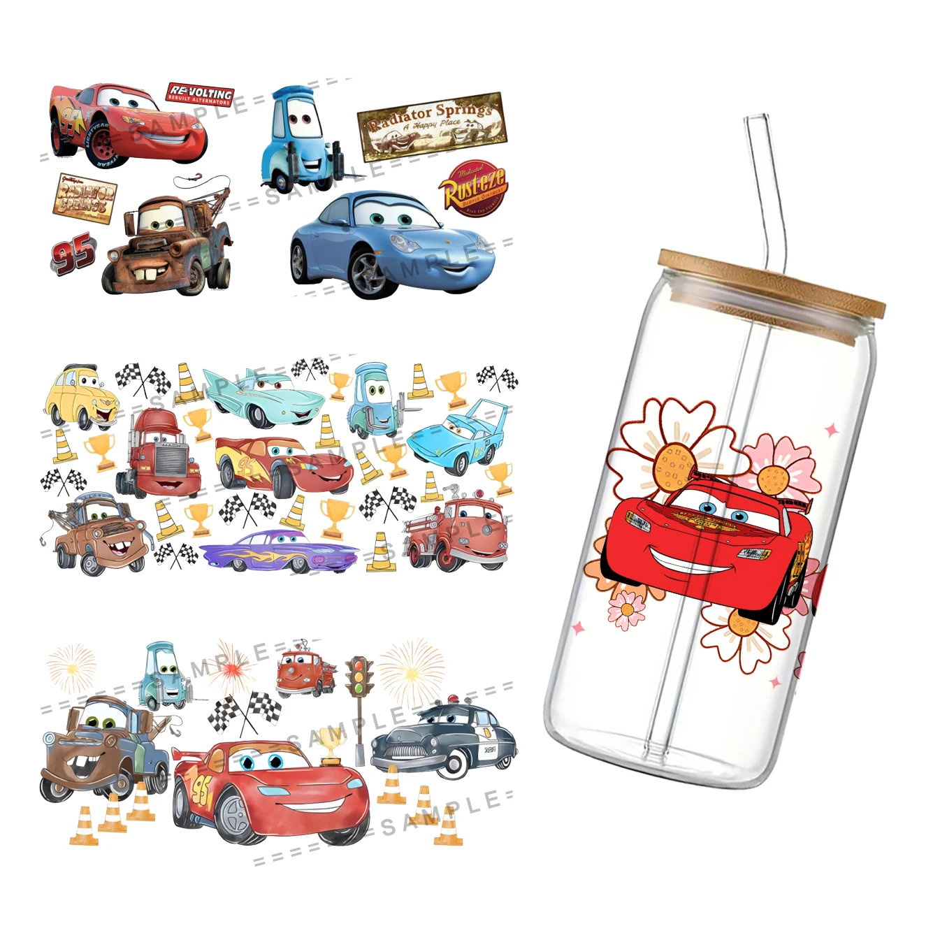 Disney Cars For Libbey 16oz Can Glass 3D Waterproof UV DTF Coffee Can Wrap Libbey Glass Wrap