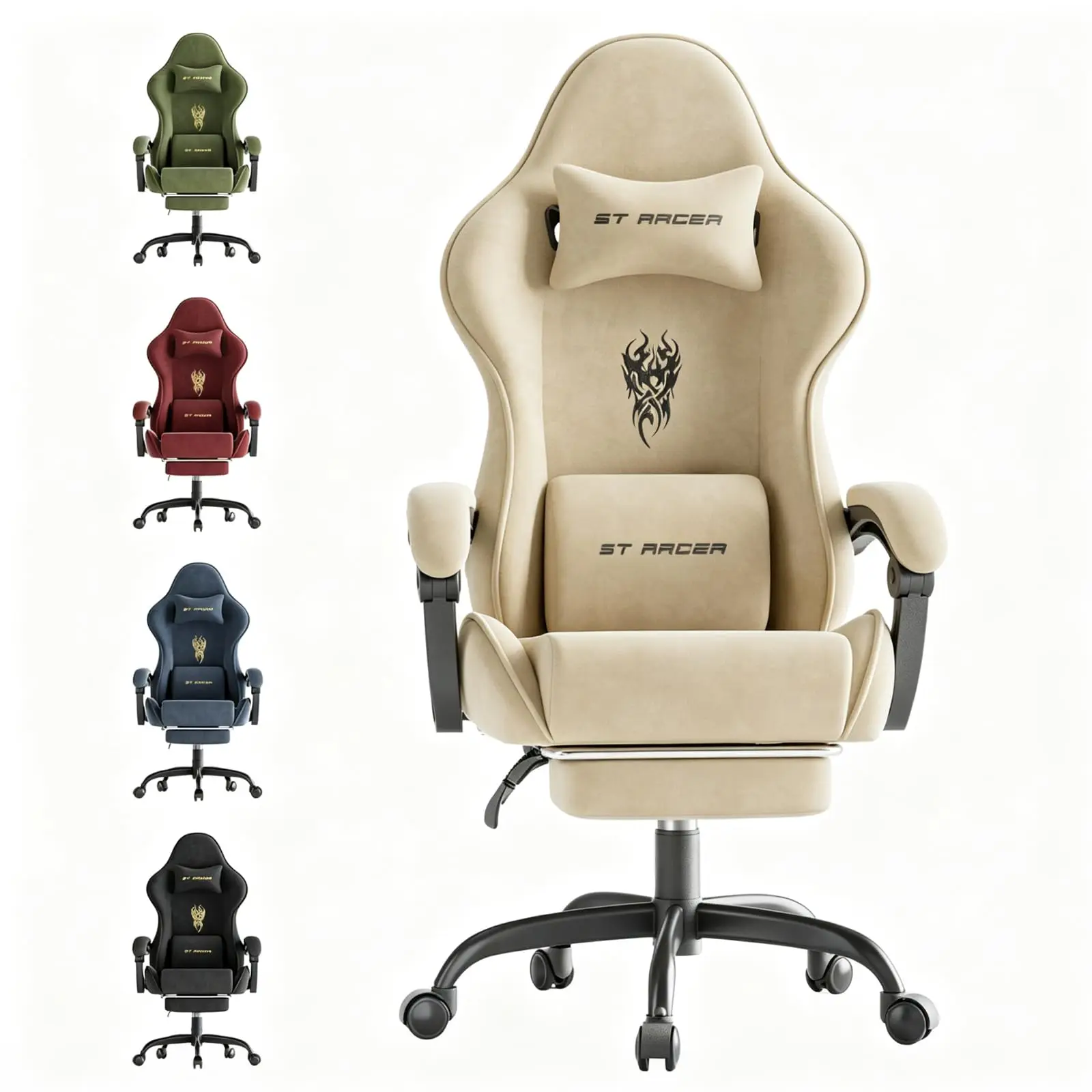 Velvet Fabric Gaming Chairs with Footrest, Ergonomic Video Gamer Chair for Adult, Reclining Office Computer Desk Game