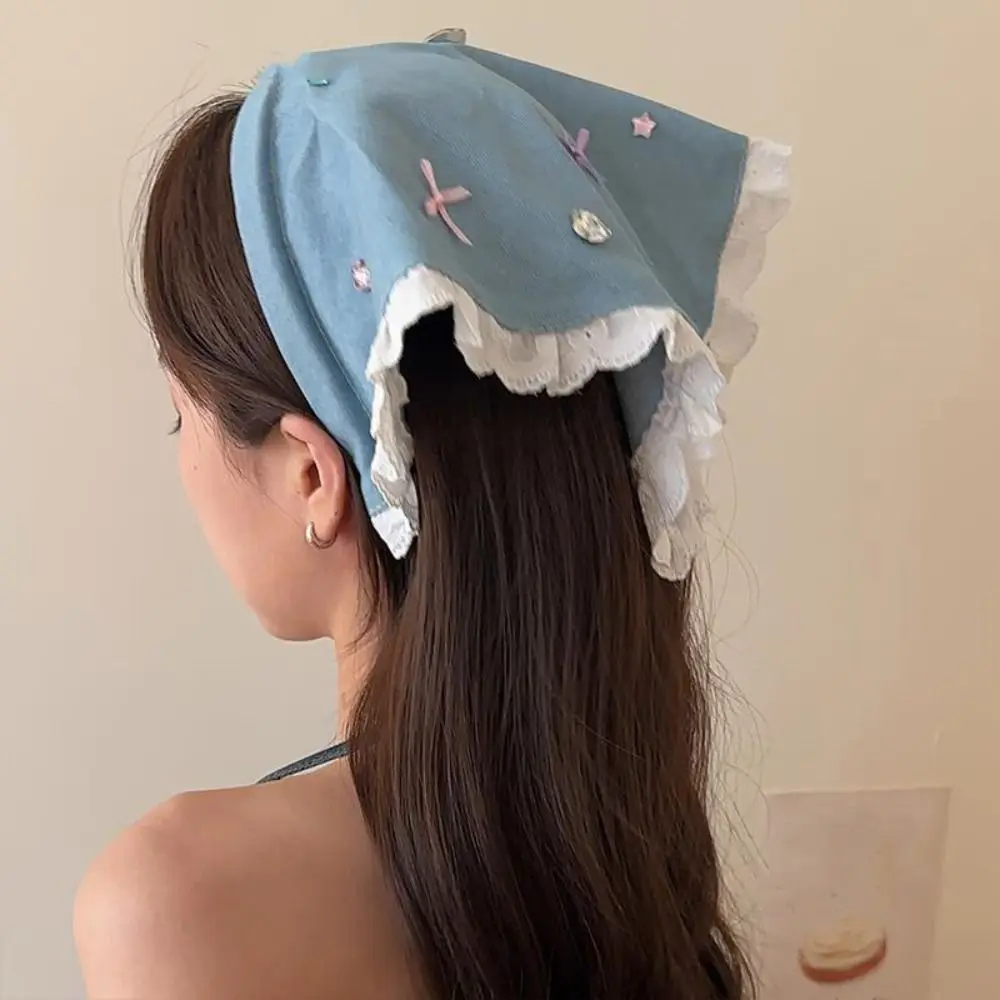

Sweet Korean Denim Triangle Headscarf Crystal Bowknot Lace Hair Band French Polka Dot Women Hair Scarf Beach