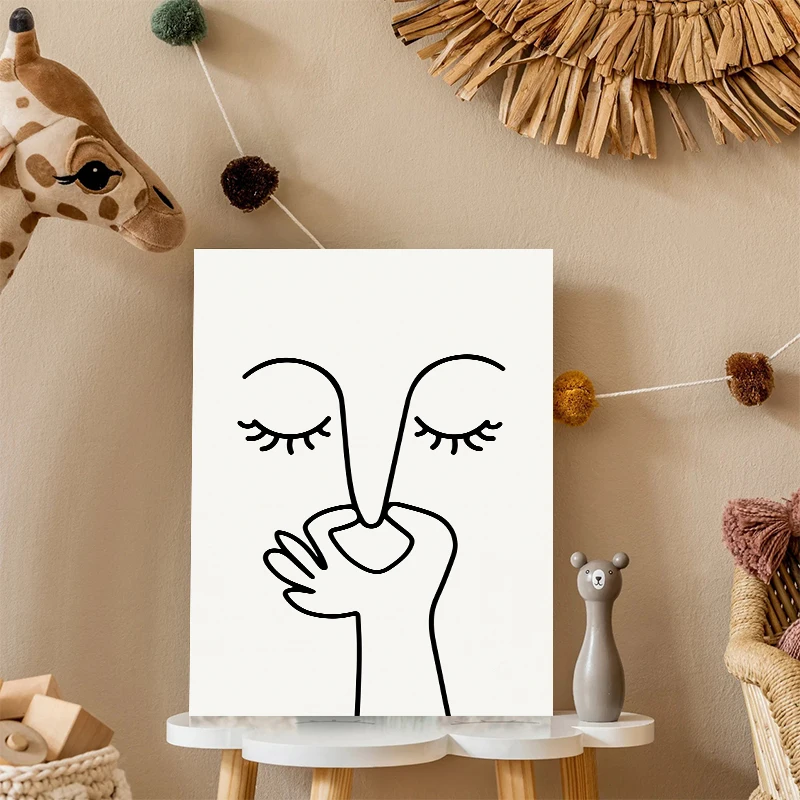 （With Frame) Abstract Line Face Canvas Wall Art Minimalist Line Drawing Poster Black White Art Print Living Room Bedroom Decor