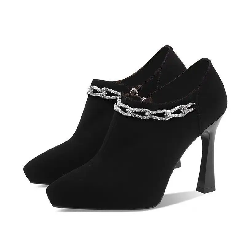 FHC 2024 nuovi tacchi alti con strass, scarpe floccate singole di forma profonda, décolleté da donna, cerniera laterale, punta a punta, nero, taglia