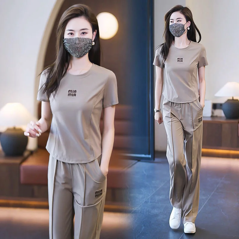 

Women's Fashion Sportswear Suit 2023 Summer New Thin Loose Casual Running Plus Size Clothing Ice Silk Tops Pants 2 Two Piece Set