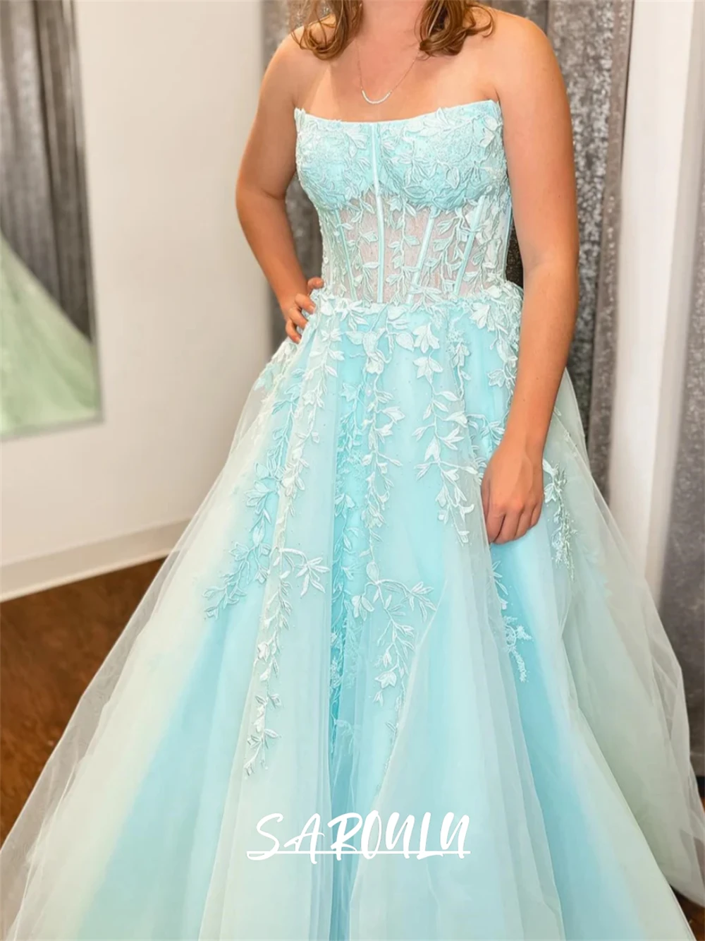 Sky Blue Leaf Lace Long Evening Dress Strapless Illusion Tulle Prom Dresses for Women Custom Make Plus Size Party Gown