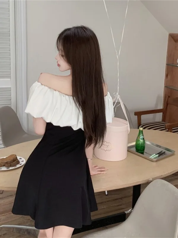 Rétro une épaule Hepburn Sle Design Sensation Small ence Jupe ort d'été pour femmes Dr Polyester doux Taille haute G...