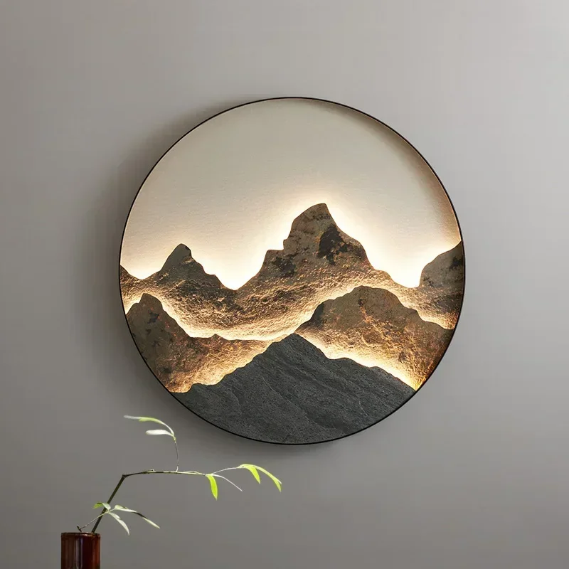 Modern Landscape Lamp TV Background Wall Mural Lamp Luxury Mural Light Chinoiserie Zen Porch Lamp Round Living Room