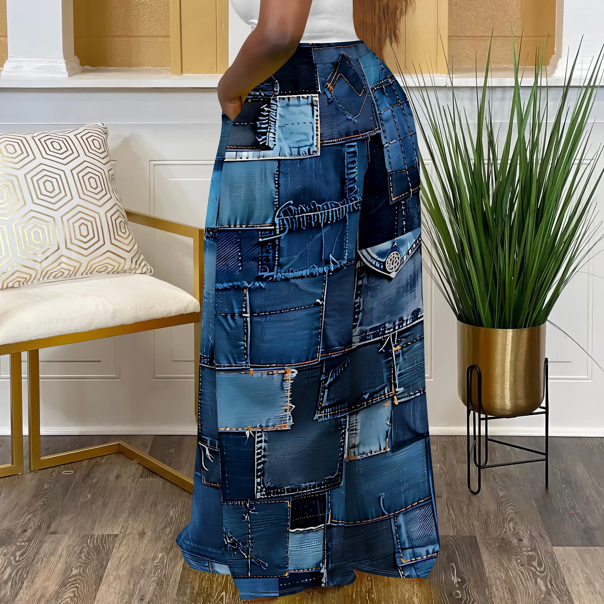 Plus Size Women's Wide Leg Pants Vintage Faux Denim Printed Beach Dress Summer Flowy Midi Pants with Pockets