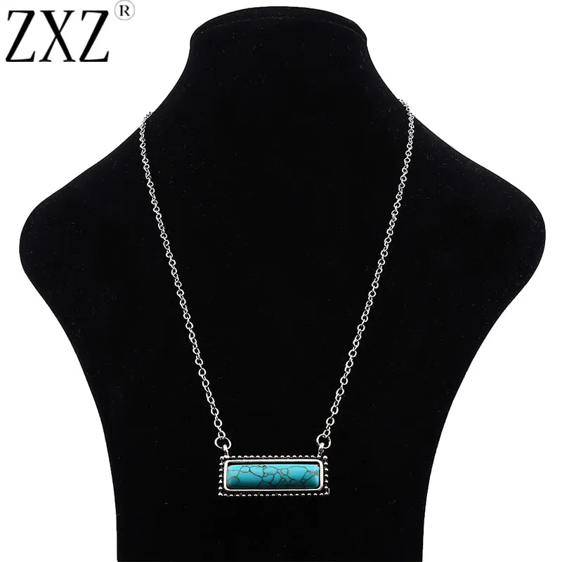

ZXZ Tibetan Silver Rectangle Faux Turquoise Charm Pendant Chain Necklace 20" Long