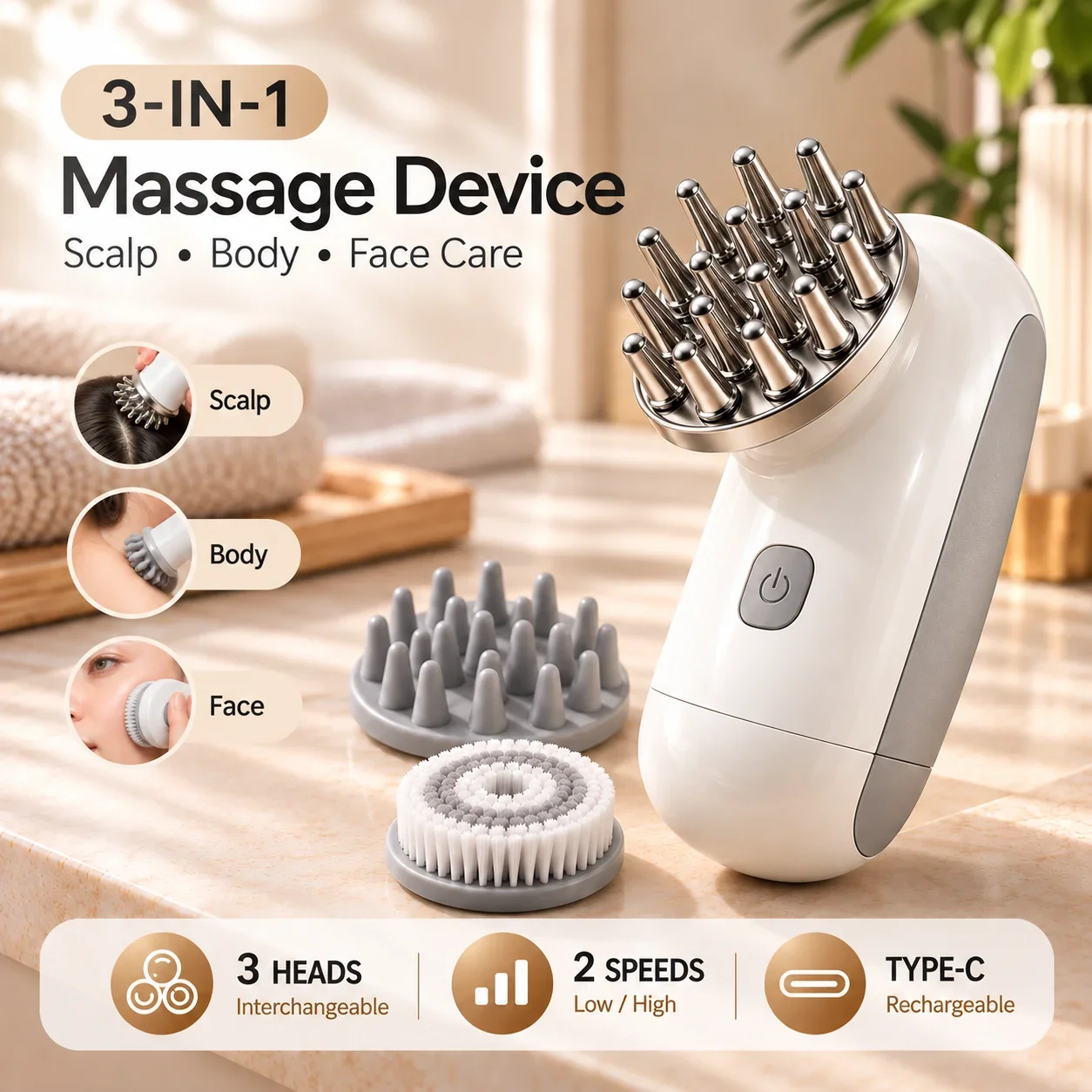 3 in 1 Electric Scalp Massager Head Neck Body Massage Device Facial Cleansing Brush 3 Heads USB Type C Portable for Home Travel