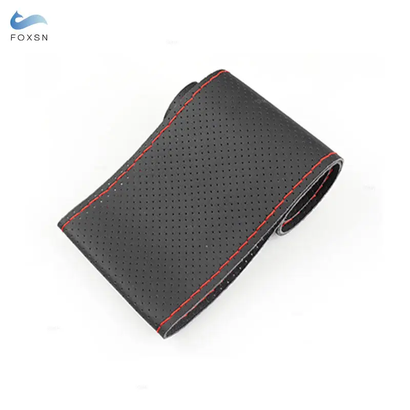 Universal 38cm Braid Black Perforated Leather - red line Car Accessories Interior Steering Wheel Cover With Needle and Thread